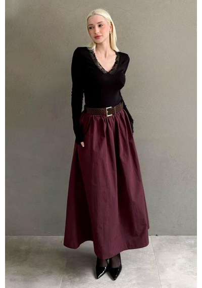 Seeh Bordo Kemerli Uzun Kadın Etek Sh337 Basic
