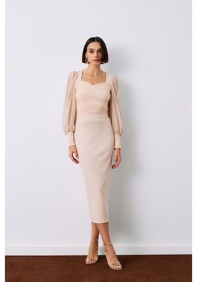 Sateen Midi Boy Kalem Etek - Bej