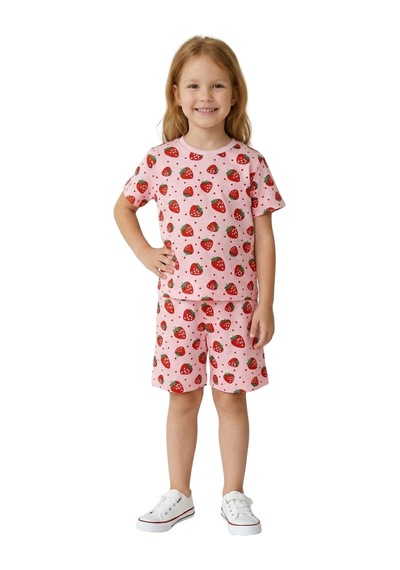 New Kids Çilek Desenli Kız Çocuk Şortlu Takım-91141 Pembe