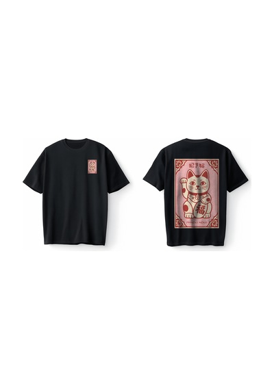 Bumeta Maneki Neko Şans Kedisi Baskılı Japon Tarzı Lucky Cat Graphic Streetwear Oversize Unisex Tişört T-shirt Siyah