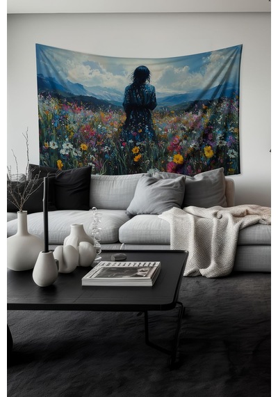 Çiçek Tarlasındaki Yalnızlık Desenli Duvar Halısı Duvar Örtüsü Tapestry Süet Dokulu Kumaş