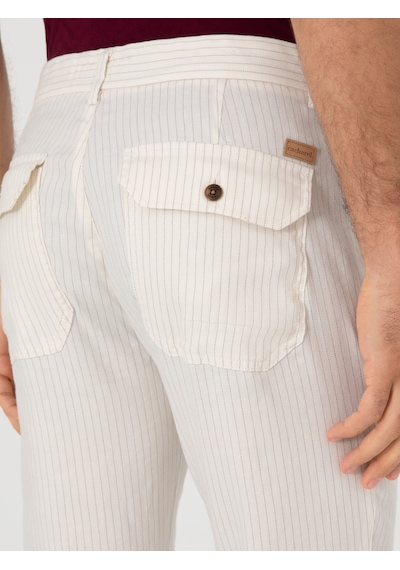 Cacharel Ekru Slim Fit Çizgili Keten Karışımlı Spor Pantolon Bej