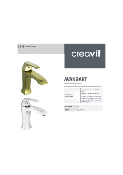 Creavit Avangart Lavabo Banyo Eviye Bataryası 3'lü Set AG1500G-AG2500G-AG8500G Altın