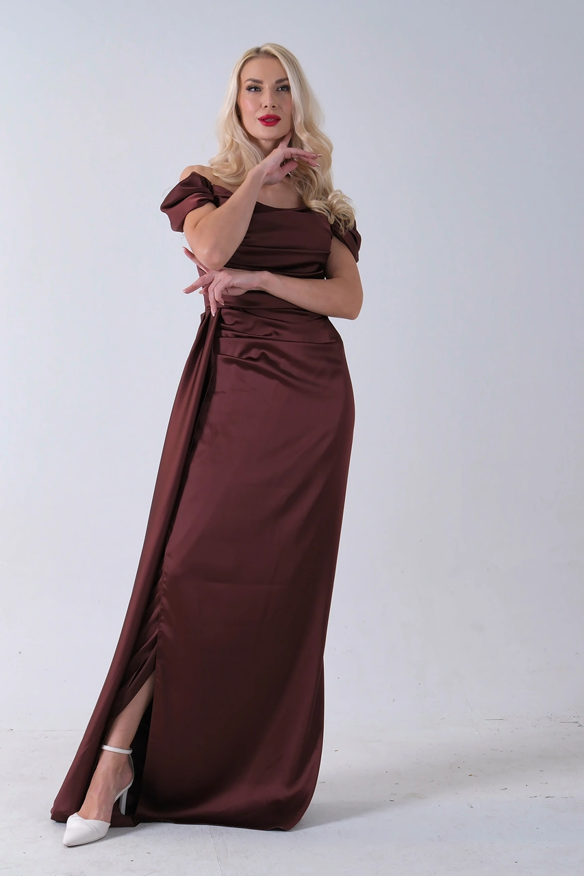 Feminist Kahve Drape Detaylı Saten Kumaş Abiye Elbise 9704858.05 Kahve