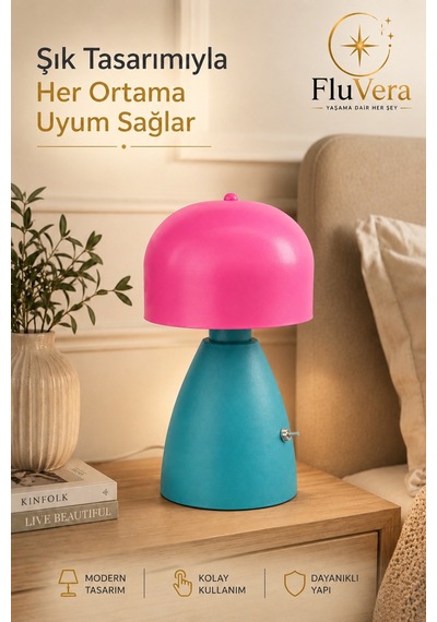 Retro Masa Lambası Pembe Turkuaz Dekoratif Abajur Kablolu Açma Kapama Anahtarlı Çok Renkli