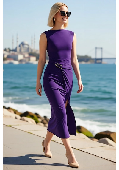 Benerly Kadın Bodycon Midi Elbise Kolsuz Kayık Yaka Aksesuar Detaylı Örne Mor