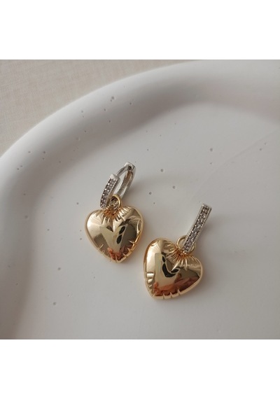 Lente Aksesuar Mix Renk Taşlı Kilitli Kalp Küpe - Gold Gümüş Kaplama Çizgili Kalp Küpe Çok Renkli