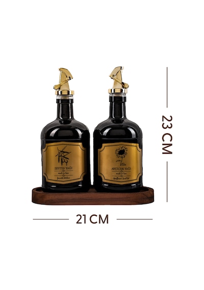 Moss 2'li Ahşap Standlı Damlatmaz Zeytinyağı Sıvıyağ Şişesi Cam Yağdanlık Seti 500 Ml Siyah Siyah