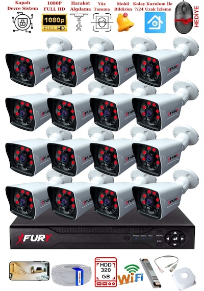 Fury 16 Kameralı 2mp Full Hd Görüntü 6 Atom Led Gece Görüşlü Dış Mekan Güvenlik Kamerası Seti 320gb