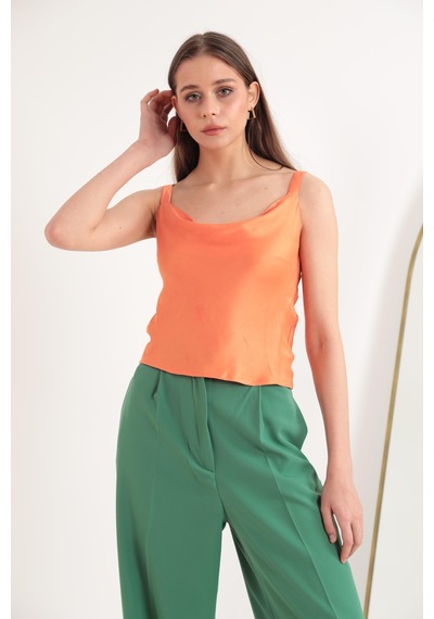 Chicnhappy Saten Degaje Yaka Kalın Askılı Kadın Bluz Oranj 23y052001s Oranj