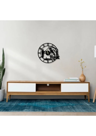 Metal Duvar Saati Gone Fishing Vinil Balıkçı Detaylı Dekoratif Saat Siyah-52 X 52