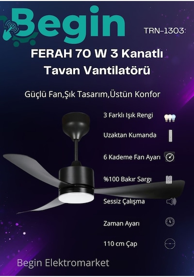 Ferah 70 W 3 Kanatlı Led Işıklı Tavan Vantilatör Uzaktan Kumandalı Siyah