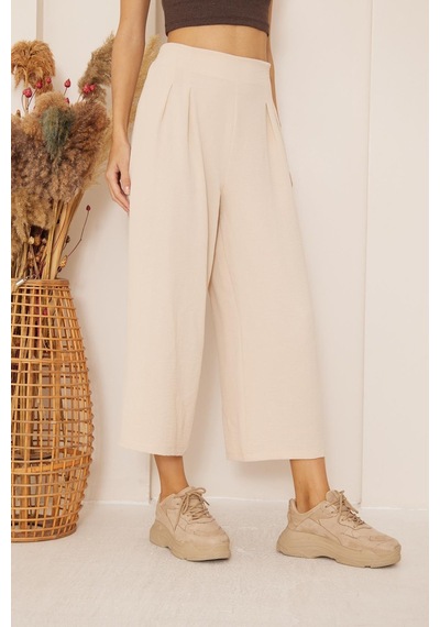 Darlin Moda Bej Yüksek Bel Bol Paça Pantolon Dm3003 Bej