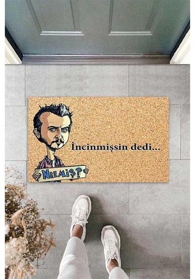 Theclouds Dijital Baskılı İncinmişssin Desi Yazılı Mecnun Dekoratif Kapı Önü Paspası, Mavi-krem-kahve Çok Renkli