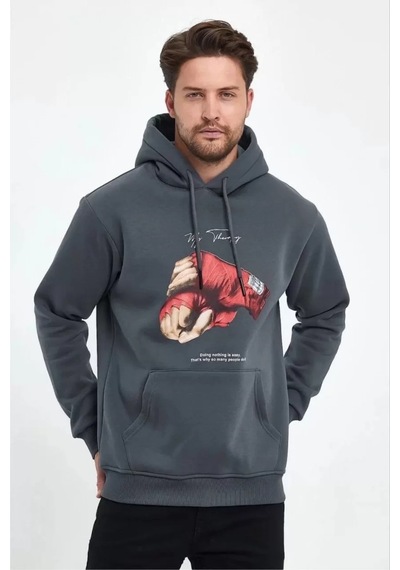 Unisex Kapüşonlu Üç İplik Oversize Baskılı Sweatshirt - Gri 001
