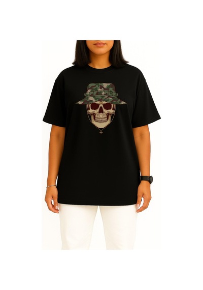 Bahriyeli Collection Oversize Kuru Kafa Asker Ve Kamuflaj Şapka Göğüs Tasarımlı Unisex T-shirt Siyah