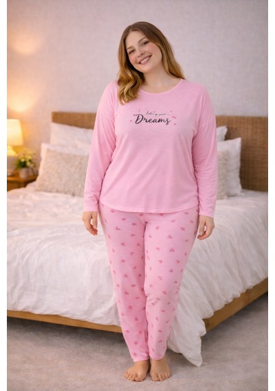 Nisanca Kadın Büyük Beden Uzun Kollu Rahat Pijama Takımı Yumuşak Dokulu Konforlu Ev Giyimi Pembe