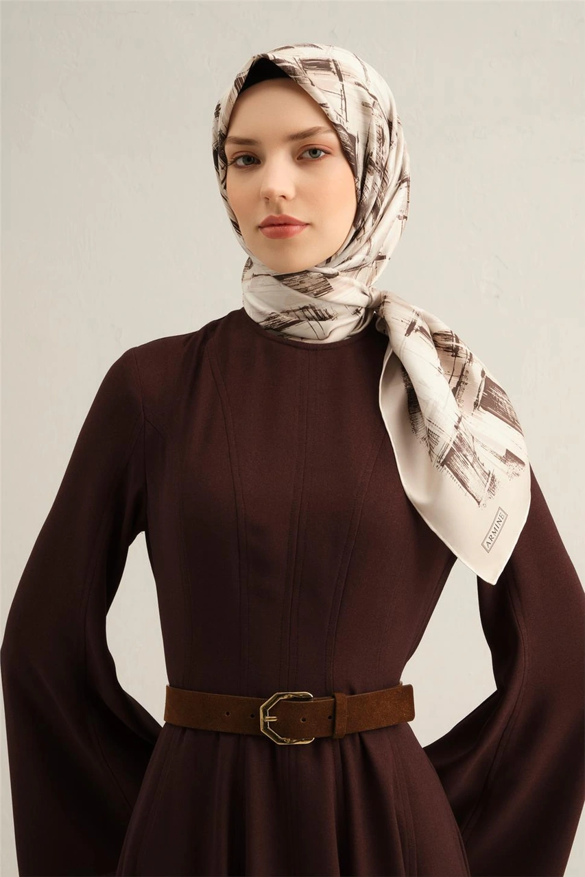 Armine Soyut Desenli Saf İpek Sura Eşarp 9350d 82 Vizon