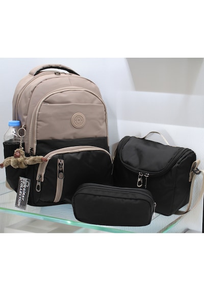 İlk Okul Çantası 3'lü Seti Unisex Çocuk İlkokul Çantası Gry-8010 Vizon-siyah Kahverengi
