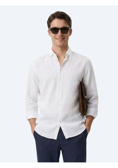 Kip Beyaz Düz Regular Fit Uzun Dokuma Casual Pamuk Karışımlı Gömlek