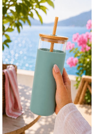 Bambu Pipetli Cam Bardak 550 Ml Silikon Kılıflı Kahve Bubble Tea Ve Su Şişesi - Yeşil