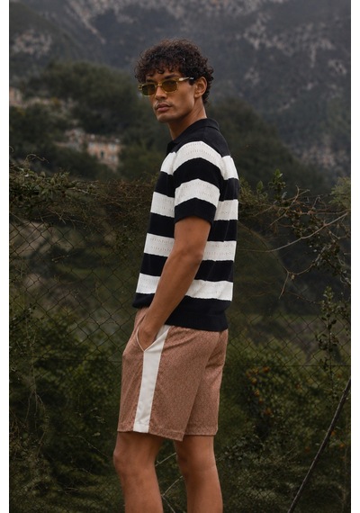 Tarz Cool Erkek Oversize Kalın Örgü Polo Yaka Triko Fileli Tişört Çizgili Vintage Yazlık Rahat Fit Siyah
