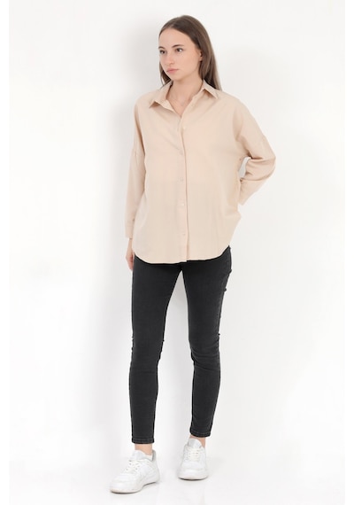 Giysa Kadın Bej Uzun Kollu Basic Pamuklu Oversize Gömlek - 3900 Bej