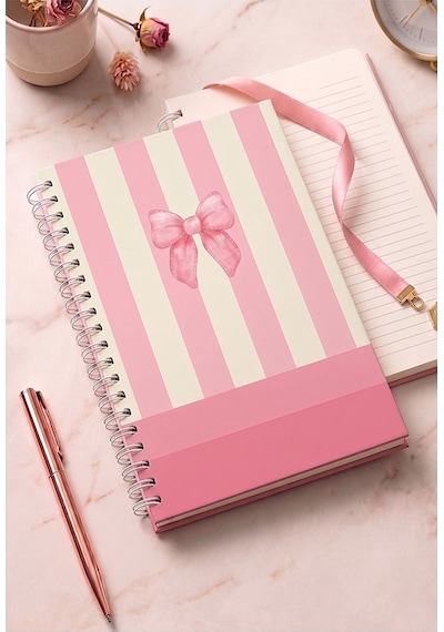 Kurdele Desenli Pembe Sert Kapak Spiralli Çizgili Defter 17x24cm 120 Yaprak 1 Adet Not Defteri Okul Büro Ofis Defteri