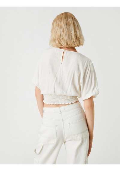 Koton Crop Bluz Beli Lastikli Kırık Beyaz 2sak60170cw 2SAK60170CW001 Ekru