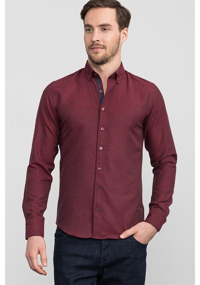 Tudors Slim Fit Dar Kesim Uzun Kol Poplin Oxford Erkek Gömlek-12623 Bordo