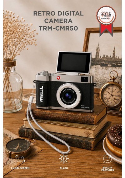 Mini Dijital Retro Kamera Cmr50 Siyah 48mp Selfie Video Vlog Kamerası