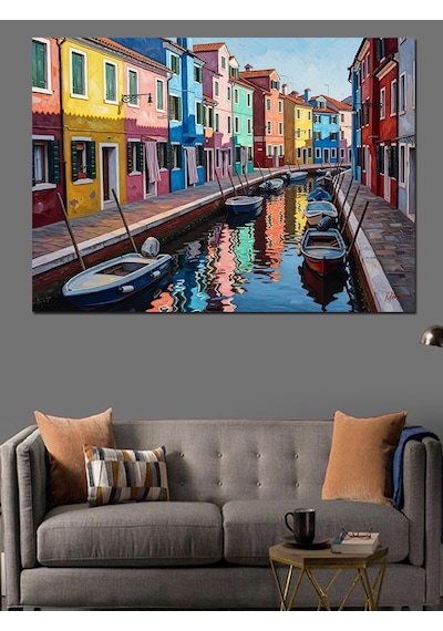 Ahşap Tablo Renkli İtalyan Evleri Ve Kanal Dekoratif Tablolar