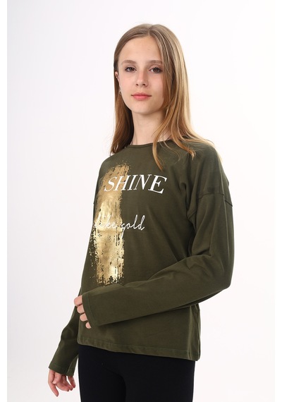 Toontoy Kız Çocuk Sweatshirt Shine Varak Baskılı Haki