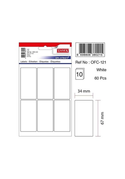 Tanex Ofis Etiketi Poşetli 34x67 MM Beyaz 10 yap 60 etiket