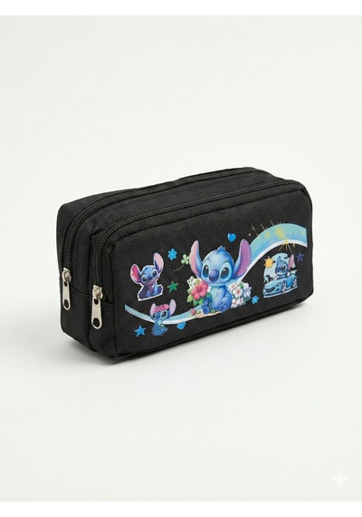 Stitch Baskılı Çift Bölmeli Siyah Okul Kalemliği Siyah