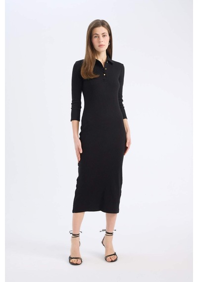 DeFacto Bodycon Vücudu Saran Polo Yaka Basic Düz Fitilli Kaşkorse Yarım Kollu Midi Elbise E2245AX25SPBK81 DeFacto Bodycon Vücudu Saran Polo Yaka Basic Düz Fitilli Kaşkorse Yarım Kollu Midi Elbise E2245AX25SPBK81
