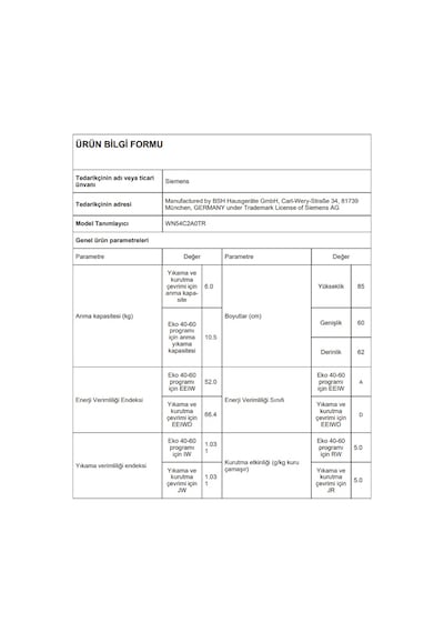 Siemens WN54C2A0TR 1400 Devir 10.5 + 6 KG Kurutmalı Çamaşır Makinesi