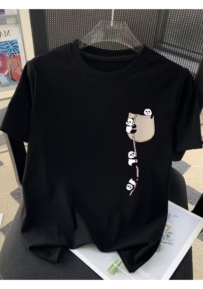 Sevimli Panda Grafikli İpli Cep Detaylı Kısa Kollu Oversize Unisex Bisiklet Yaka Tişört SIYAH