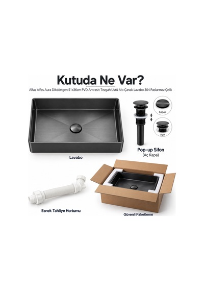 Alfas Aura Dikdörtgen 51x36cm Pvd Antrasit Tezgah Üstü Altı Çanak Lavabo 304 Paslanmaz Çelik