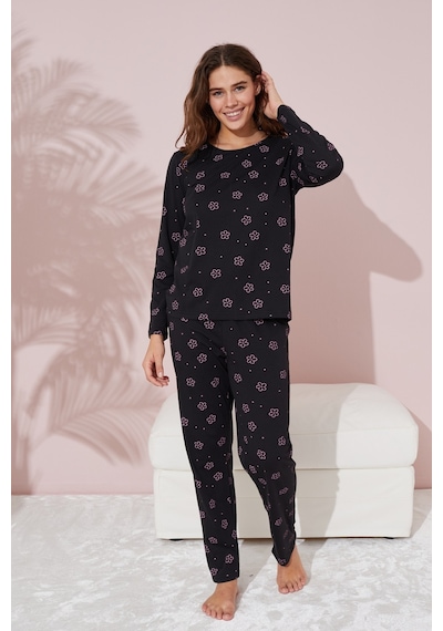 Siyah İnci Pamuklu Pijama Takımı 7763 Siyah Pembe Çiçek