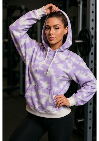Kadın Batik Desen Renkli Oversize Relaxed Uzun Kollu Kapüşonlu Sweatshirt Pudra