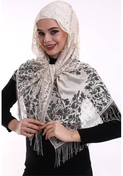 Narin Pamuk Tül Şal Koyu Krem-2 60x160