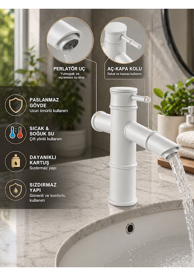 Premium Bambu Beyaz Banyo Lavabo Bataryası Çeşmesi Musluğu Modern Musluk