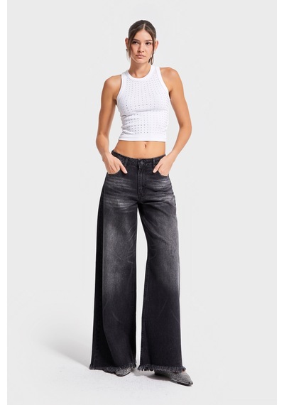 Itsbasic Kadın Koyu Füme Renk 12s5-1 Palazzo Fit Paça Detaylı İç Boy 80cm %100 Koton Denim Jean