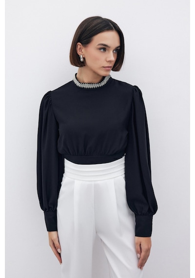 Sateen Yaka Aksesuarlı Bluz - Siyah-135191 Siyah Sateen Yaka Aksesuarlı Bluz - Siyah-135191 Siyah