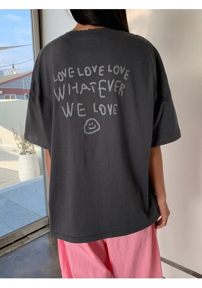 Flood Of Style Kadın Füme Love Love Love Baskılı Oversize T-shirt Gri