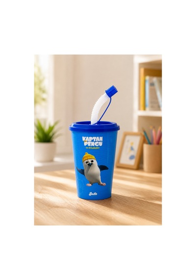 Bakgelal Lisanslı Kaptan Pengu Ve Arkadaşları Pipetli Çocuk Bardağı, Eğlenceli Kaptan Pengu - Bgakappegu01 Mavi