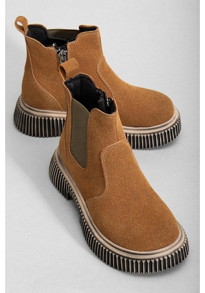 Tonny Black Kalın Tırtıklı Termo Taban Fermuarlı Lastikli Çocuk Unisex Taba Süet Chelsea Bot Tbgrf005 Taba Süet