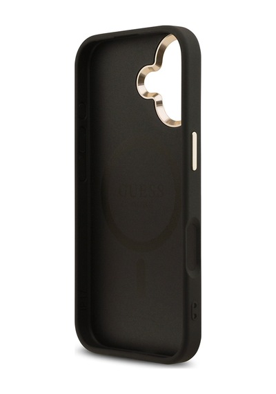 Apple Uyumlu iPhone 17 Kılıf Guess Lisanslı M-safe Şarjlı Gold Metal Kamera Çerçeveli Taşlı Üçgen Logo Siyah