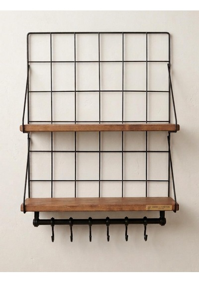 Çift Ahşap Raflı Metal Duvar Rafı 6 Kancalı Mutfak & Banyo Organizer 60 40 Cm Kahverengi